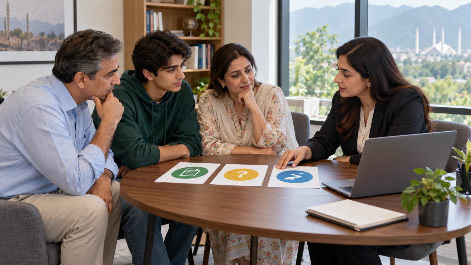 Pakistani student and parents reviewing SU evidence with a professional adviser