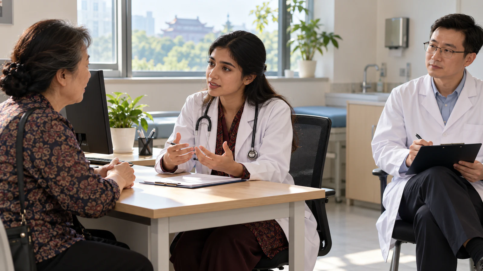 Pakistani medical student taking a patient history from a Chinese standardised patient
