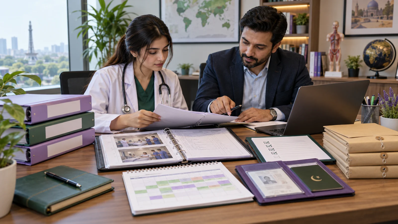 Pakistani medical graduate and adviser organising clinical and PM&DC pathway records