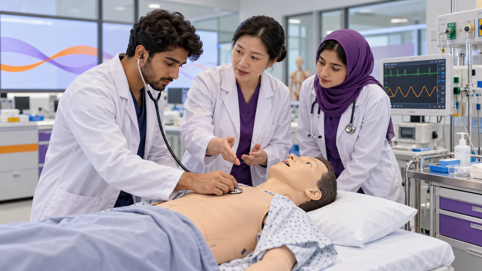 Pakistani medical students practising physical examination in a clinical skills simulation centre