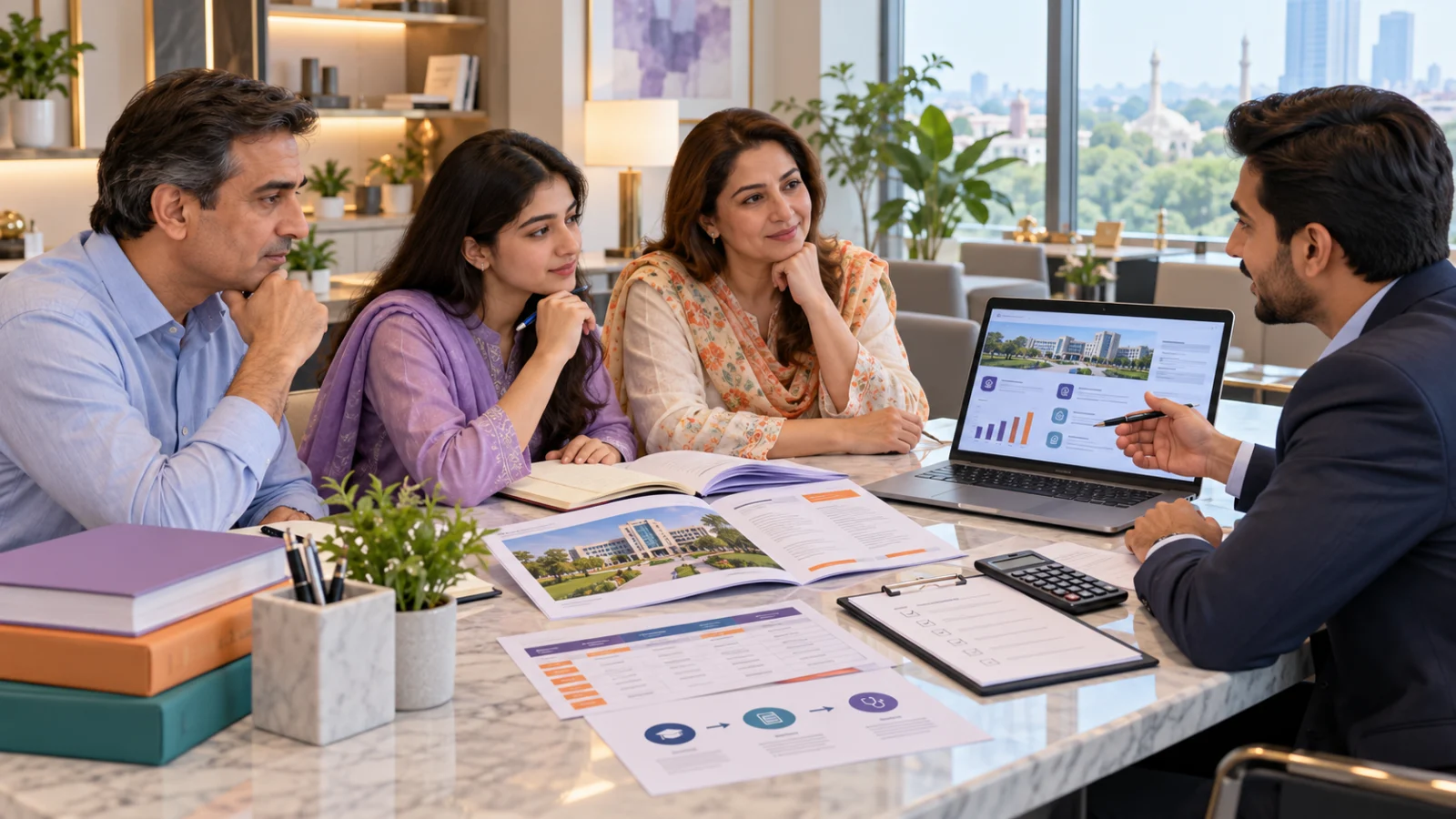 Pakistani student and parents reviewing SEU evidence with a professional adviser