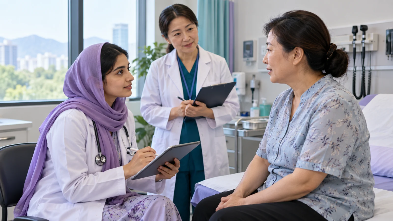 Pakistani medical student taking a patient history from a Chinese standardised patient