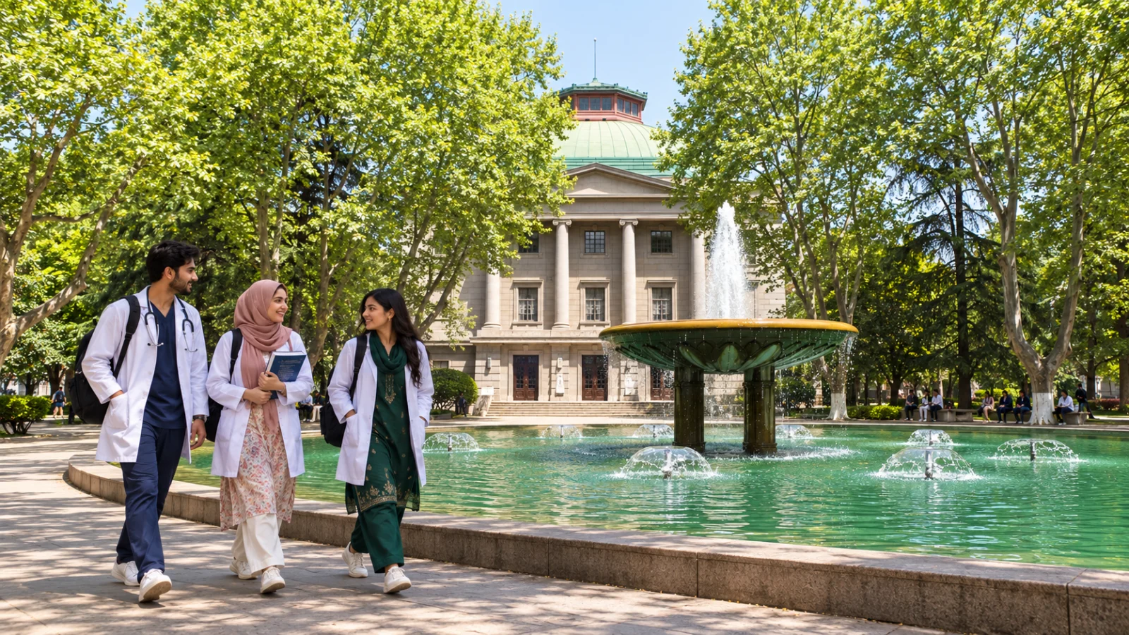 Pakistani medical students walking beside the real Southeast University Sipailou Auditorium fountain