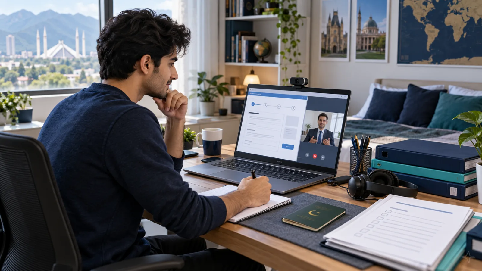 Pakistani applicant organising documents for an online university application and possible interview