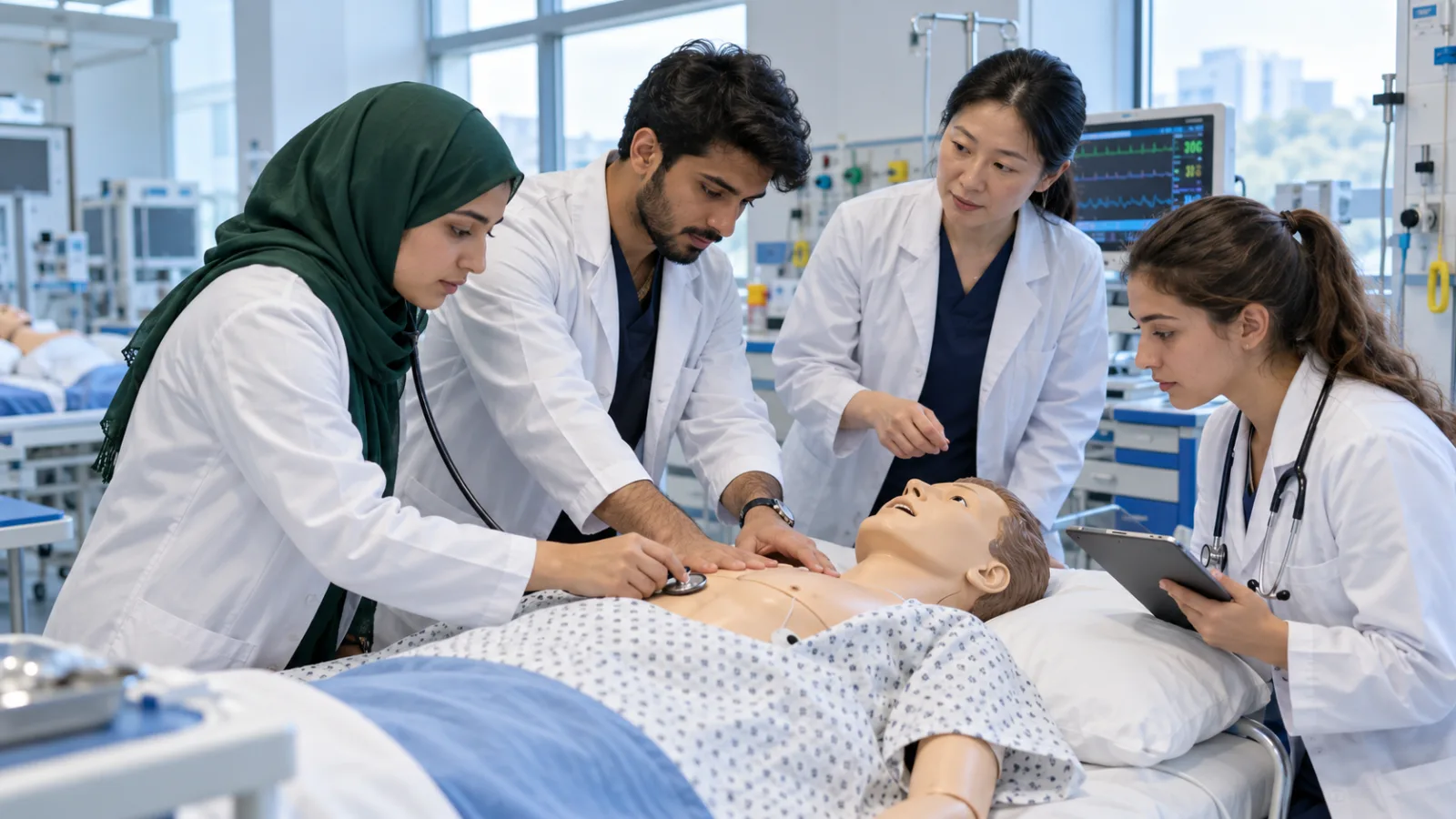 International medical students practising patient examination skills in a simulation laboratory