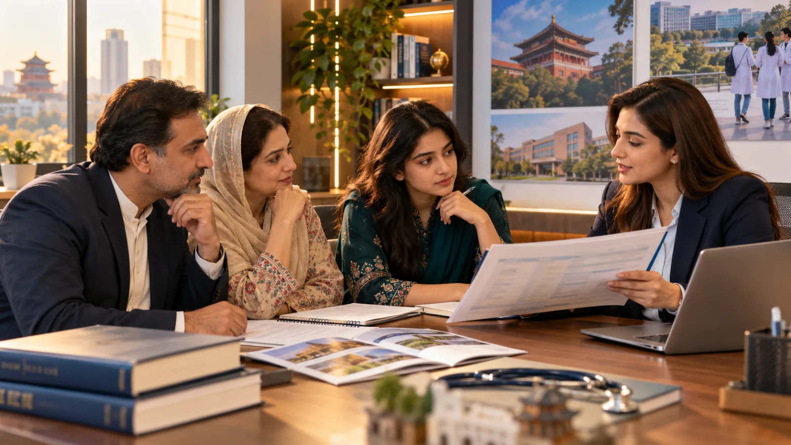 Pakistani student and parents comparing Chinese medical study options with a professional adviser