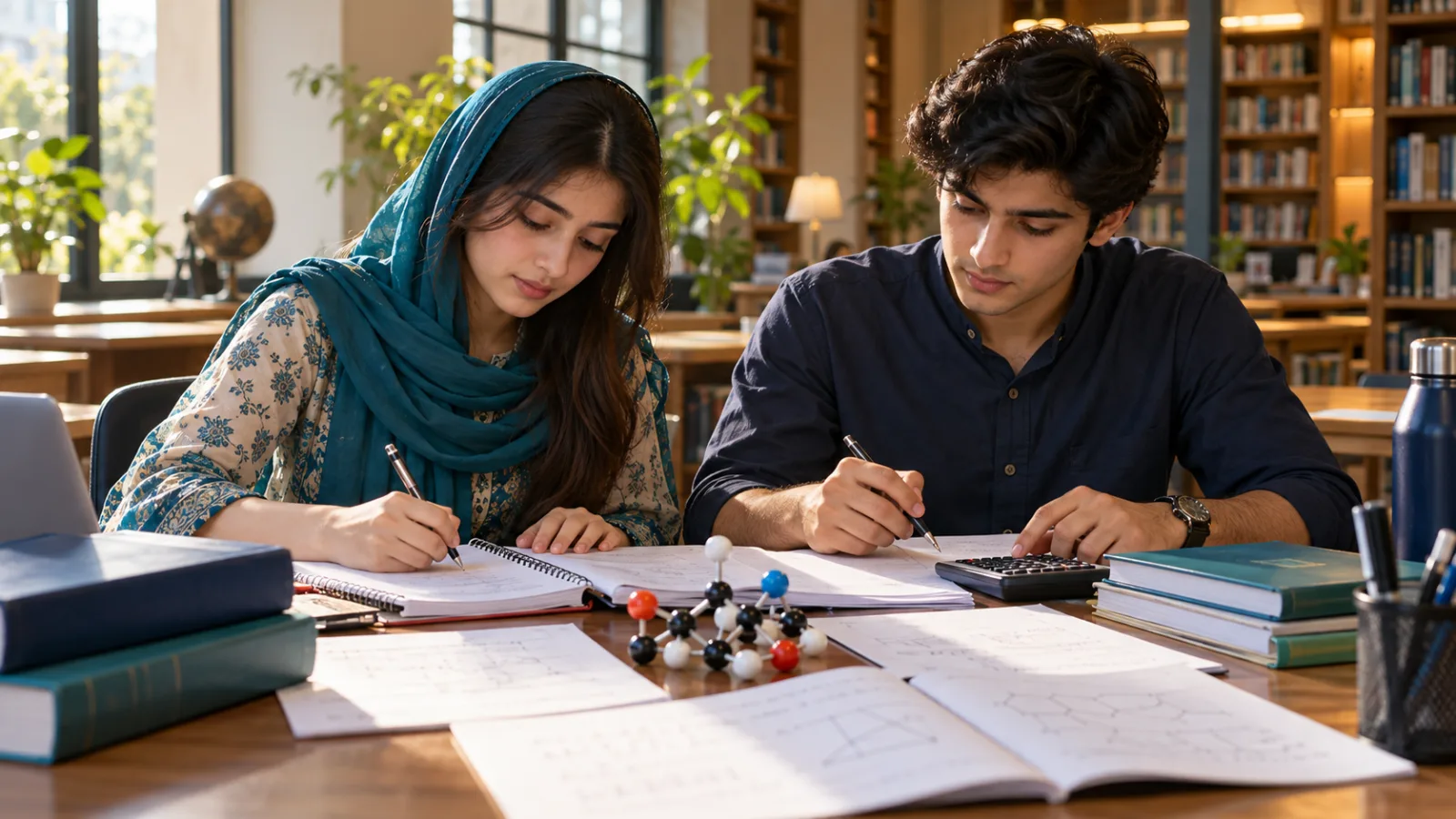 Pakistani pre-medical students preparing CSCA Mathematics and Chemistry in a library