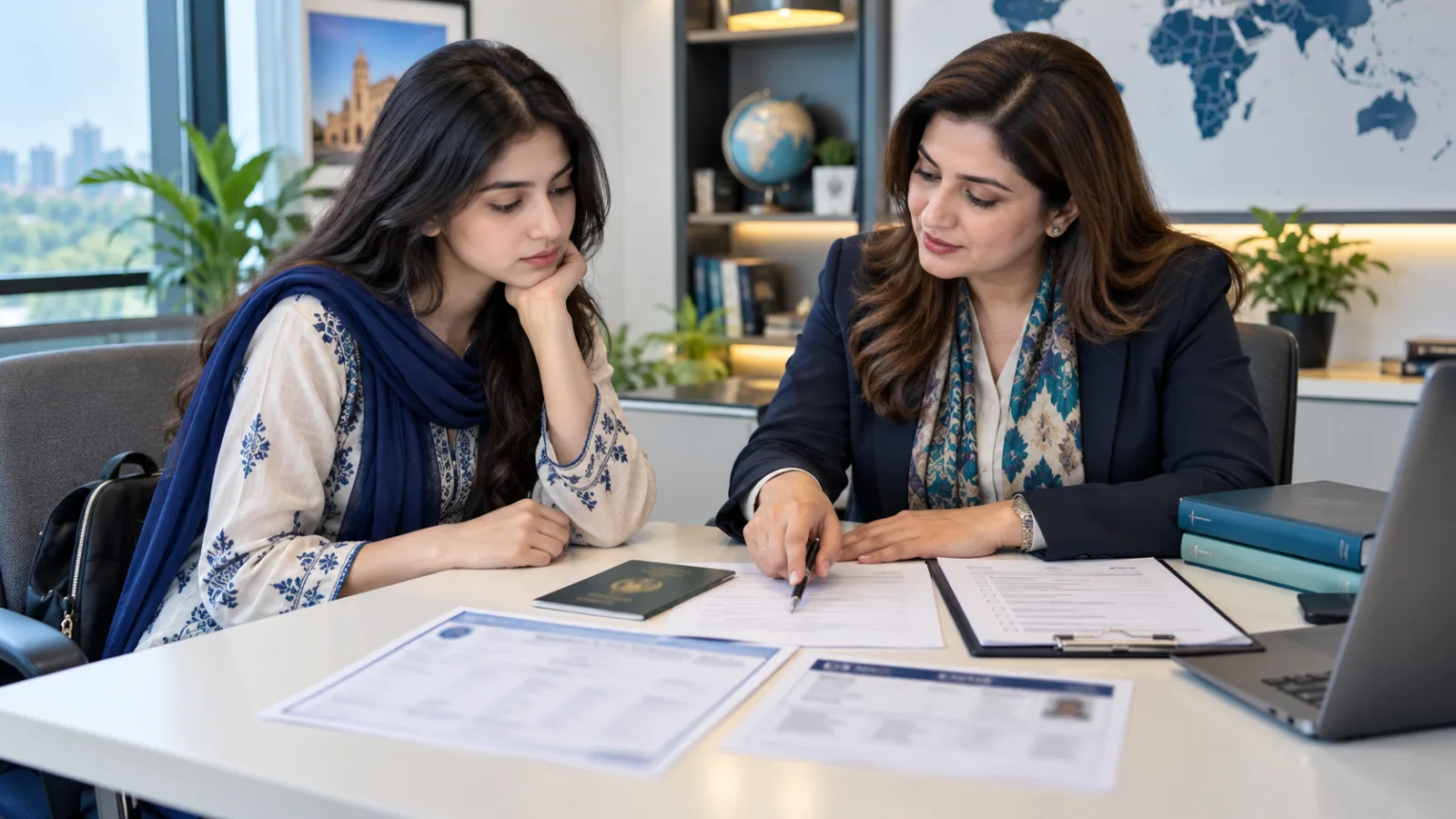 Pakistani student reviewing science marks and English readiness with an education counsellor