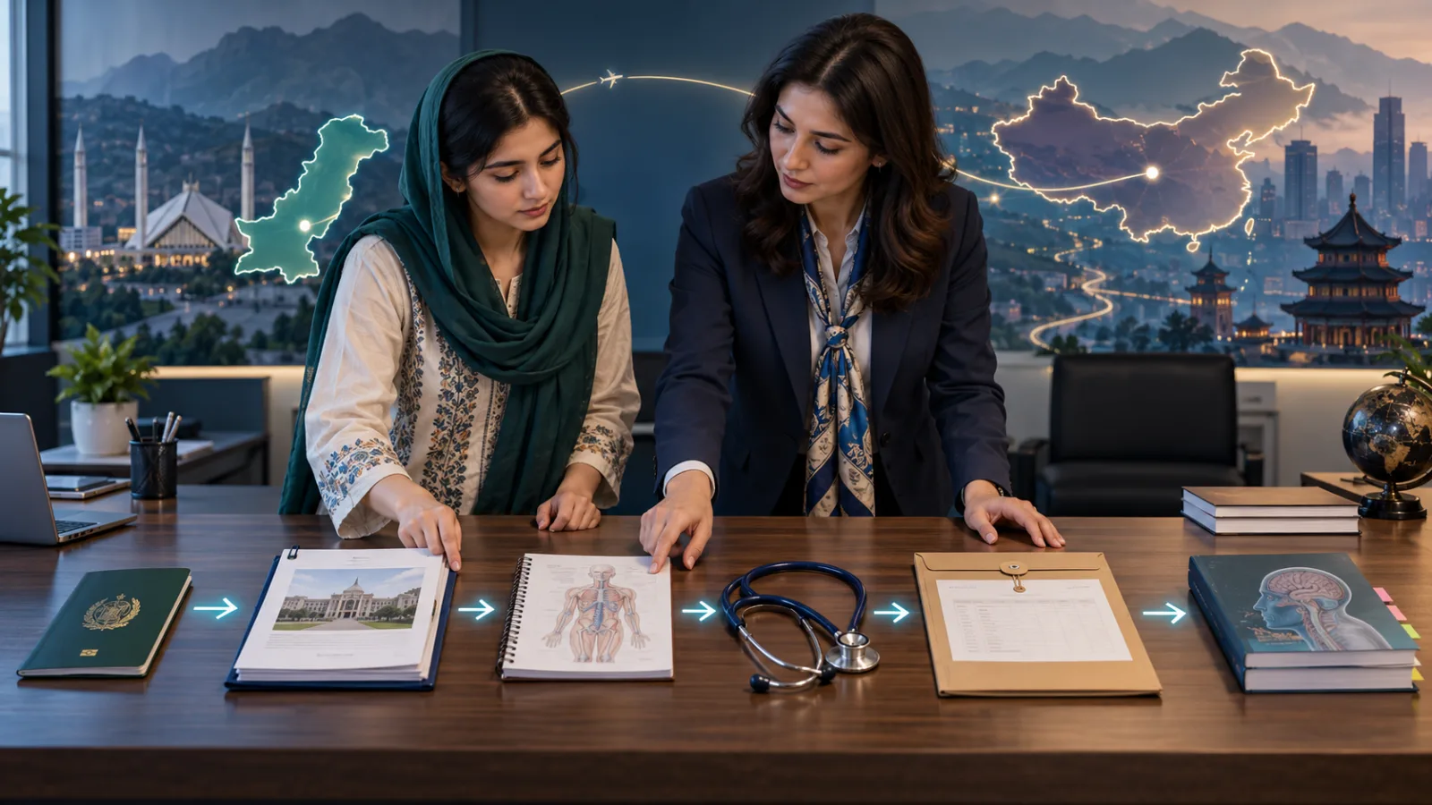 Pakistani medical applicant and adviser mapping admission study records clinical training and licensing steps