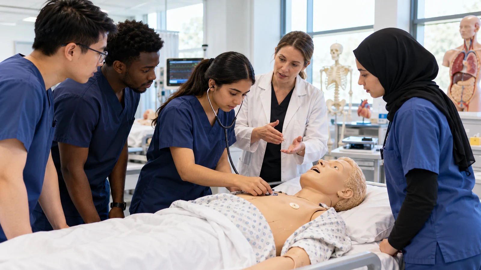 International medical students practising patient examination skills in a simulation laboratory
