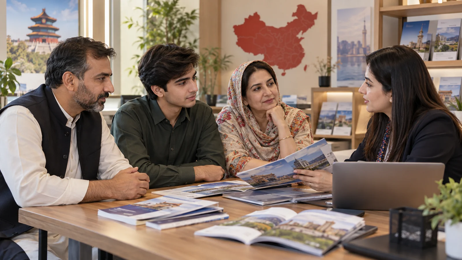 Pakistani student and parents comparing Chinese medical study options with a professional adviser