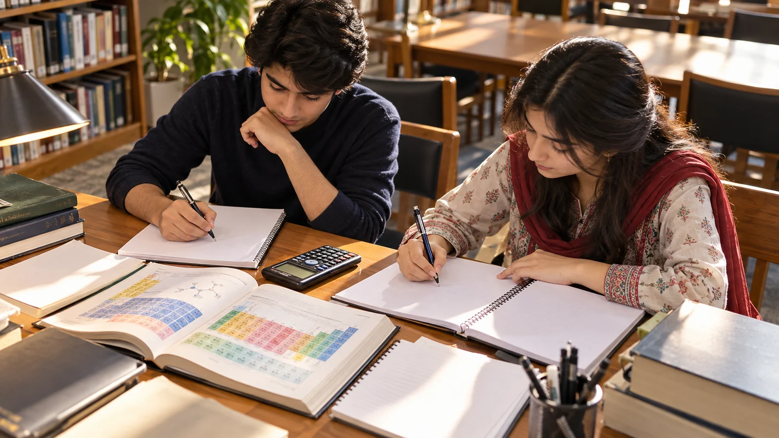 Pakistani pre-medical students preparing CSCA Mathematics and science subjects in a library