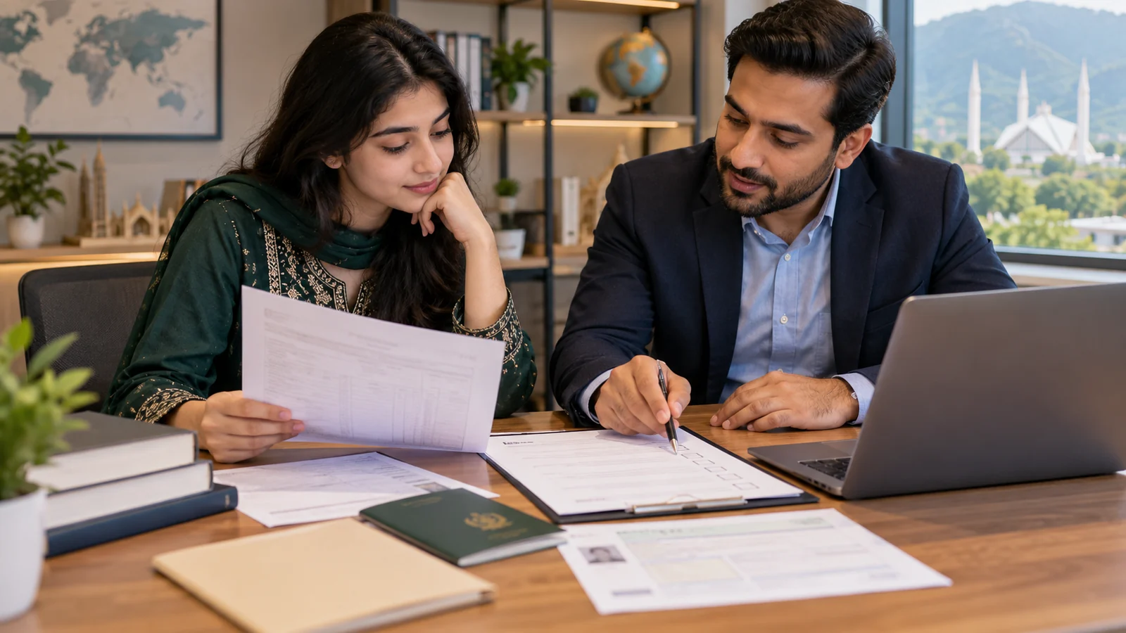 Pakistani student reviewing science marks and English readiness with an education counsellor