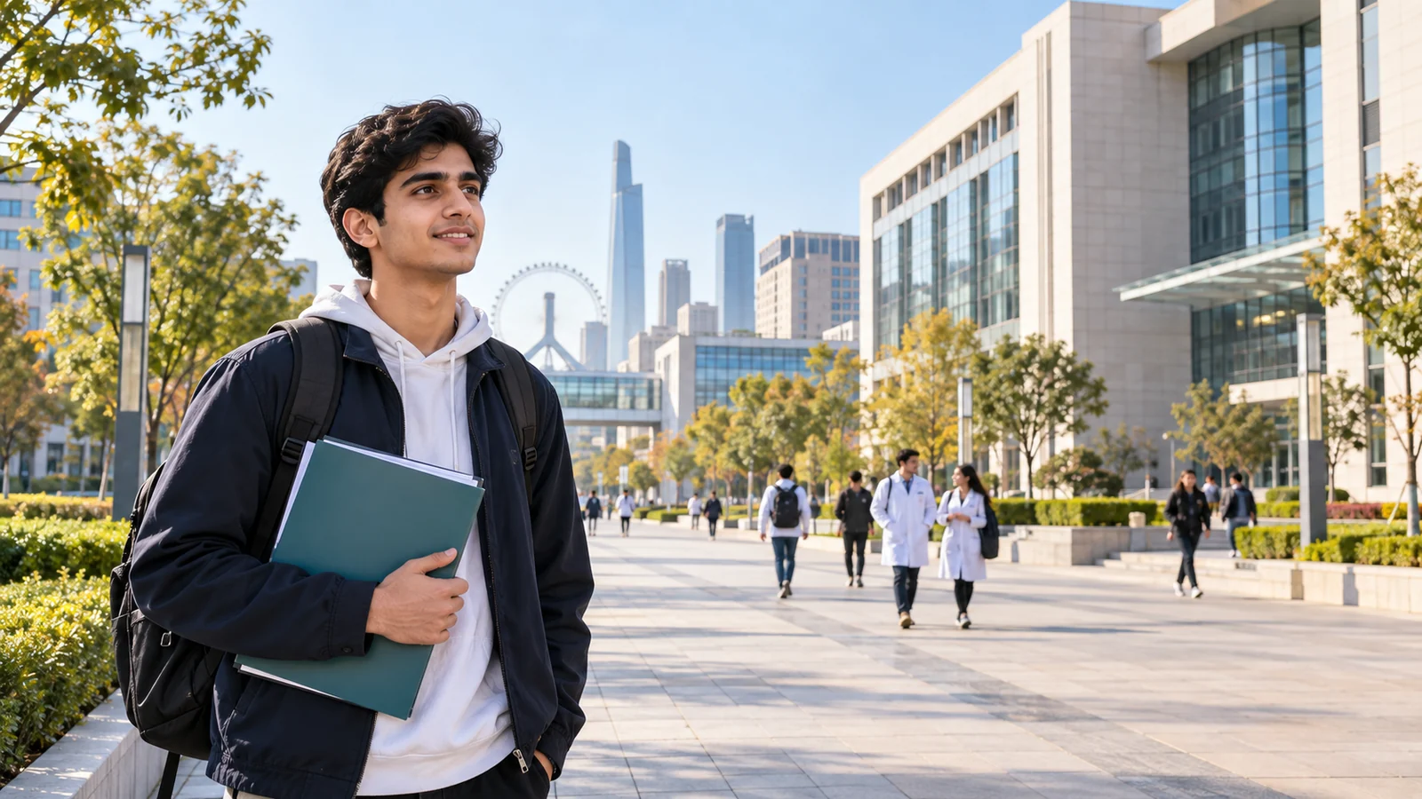 Pakistani medical applicant viewing a modern Tianjin medical university campus