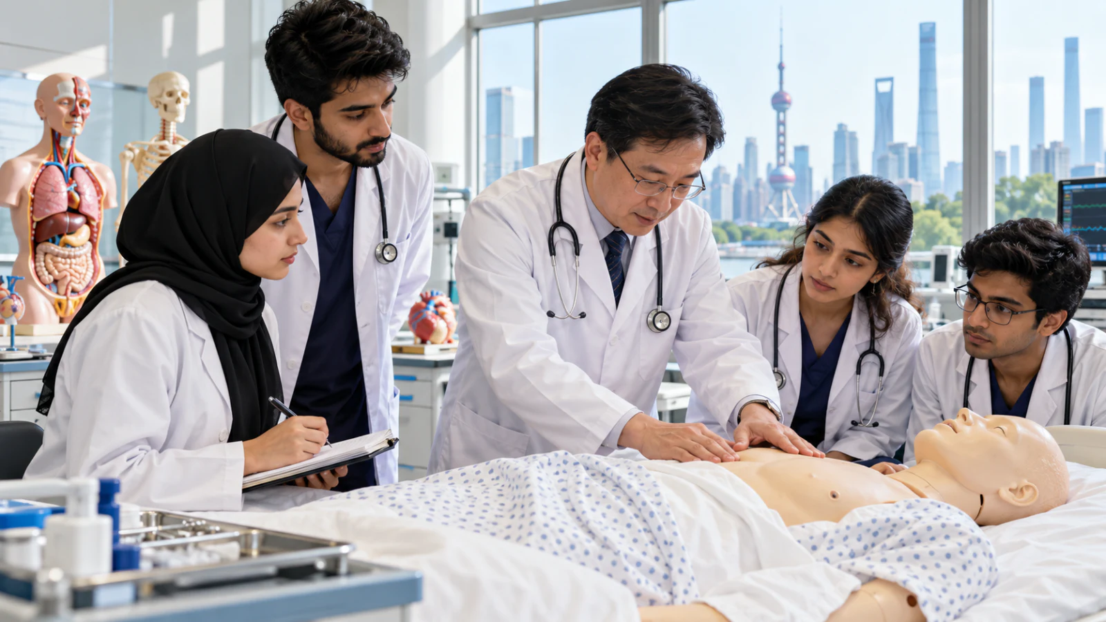 International medical students practising patient examination with a clinical instructor