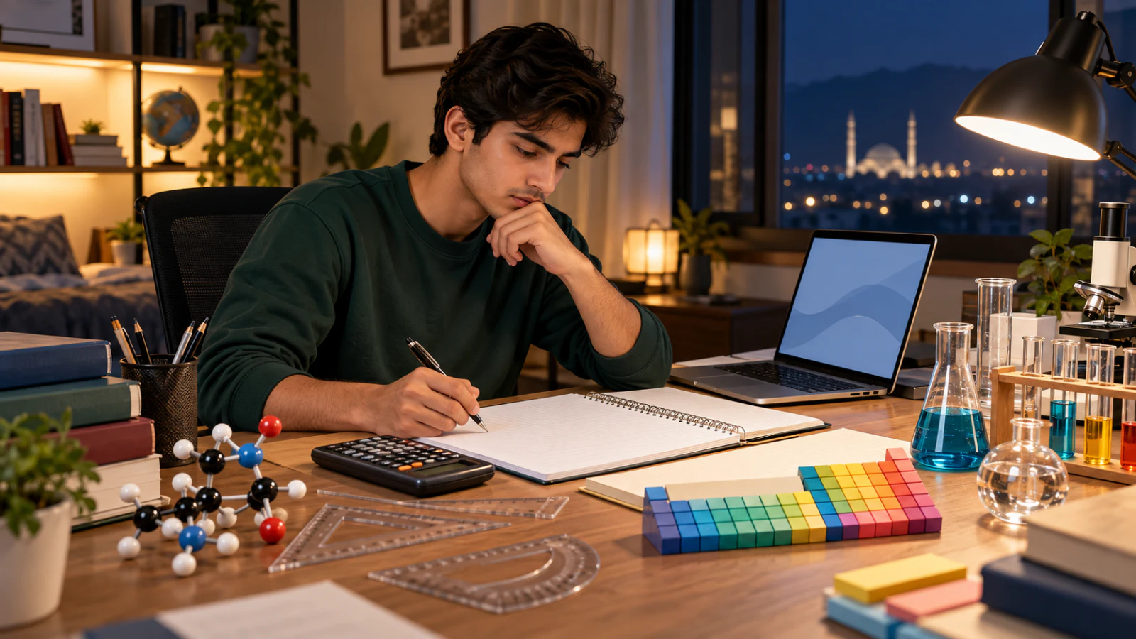 Pakistani pre-medical student preparing CSCA Mathematics and Chemistry at a study desk