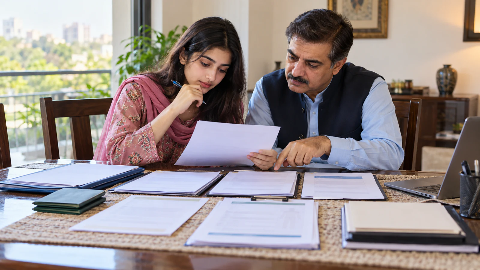 Pakistani applicant and family member reviewing passport and university admission documents