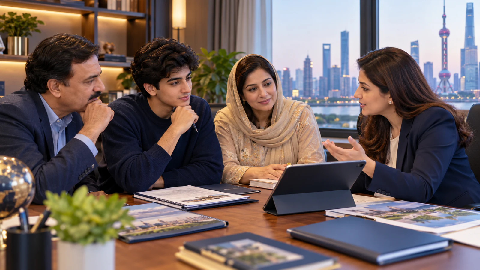Pakistani student and parents comparing Chinese medical study options with a professional adviser