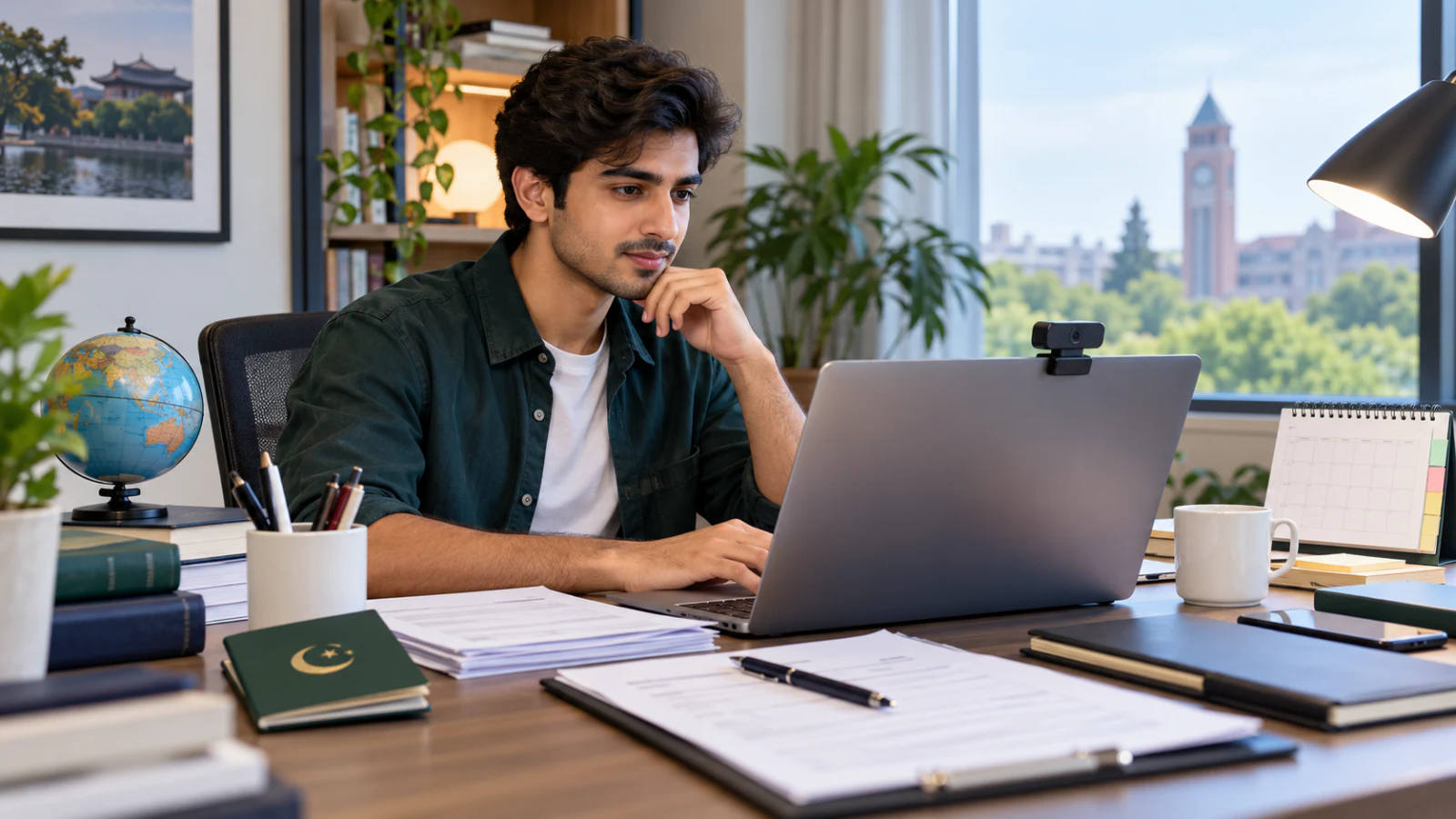 Pakistani applicant reviewing an online university application and possible admission call