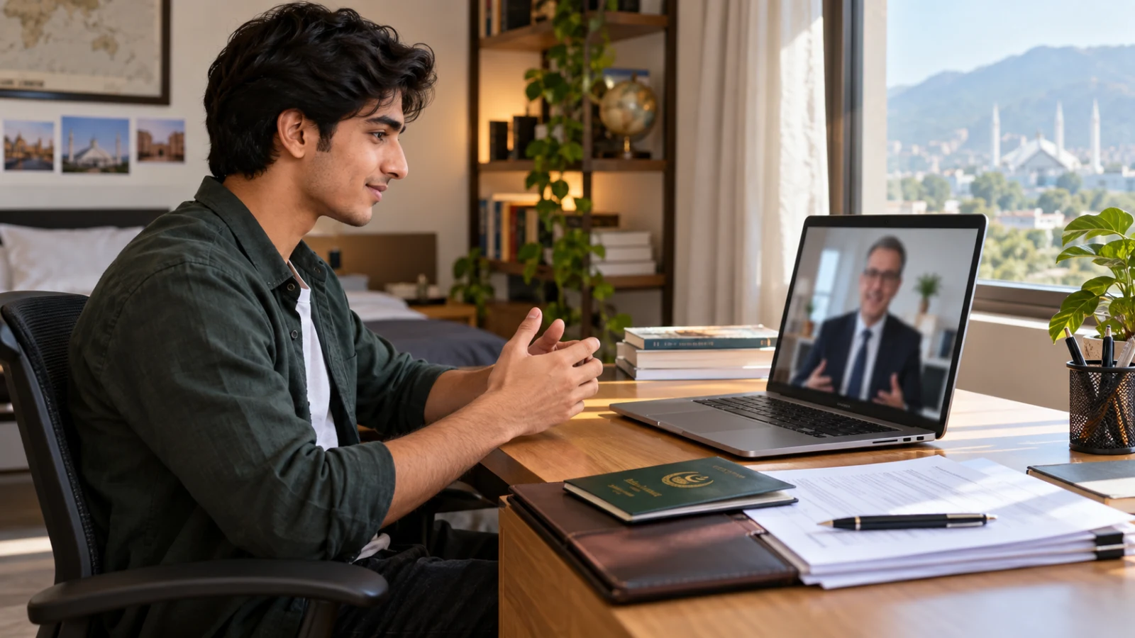 Pakistani applicant organising blank application papers while preparing for an online university interview