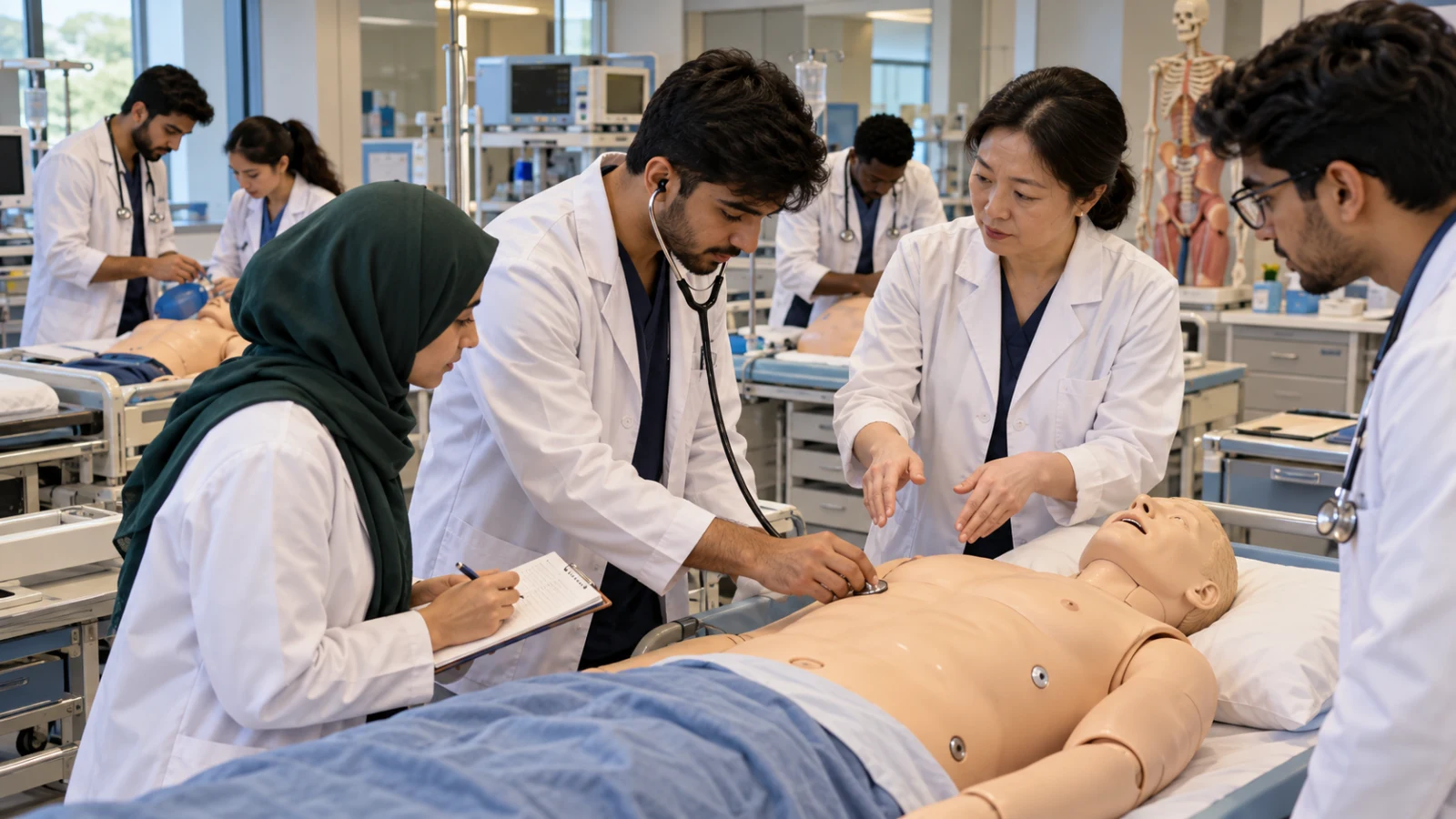 International medical students practising patient examination skills in a simulation laboratory