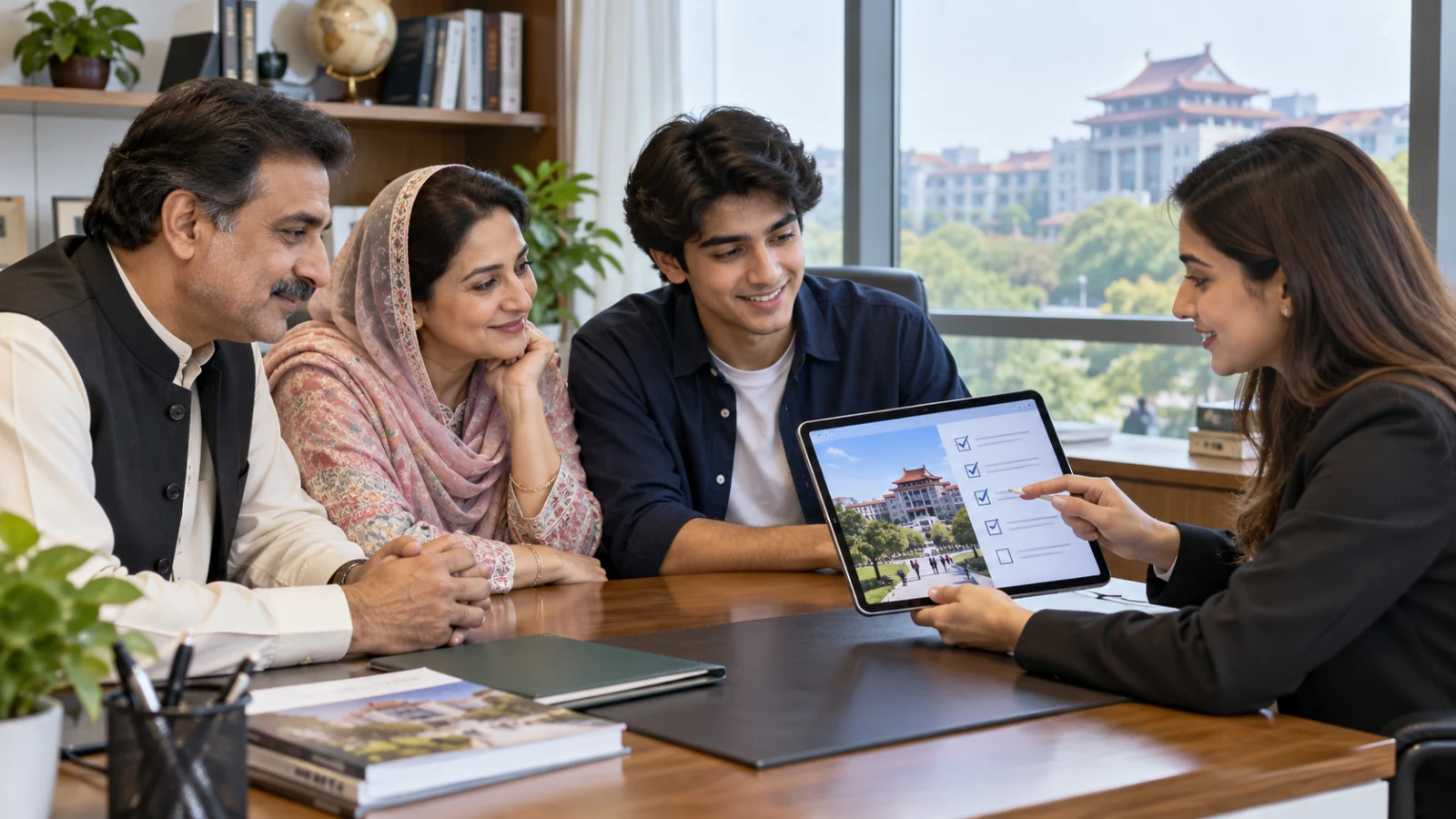 Pakistani student and parents comparing Chinese medical study options with a professional adviser