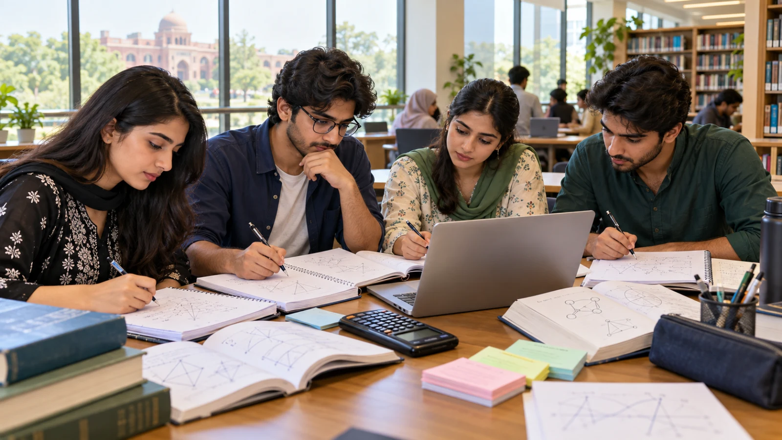 Pakistani pre-medical students preparing for CSCA science and mathematics assessments in a library