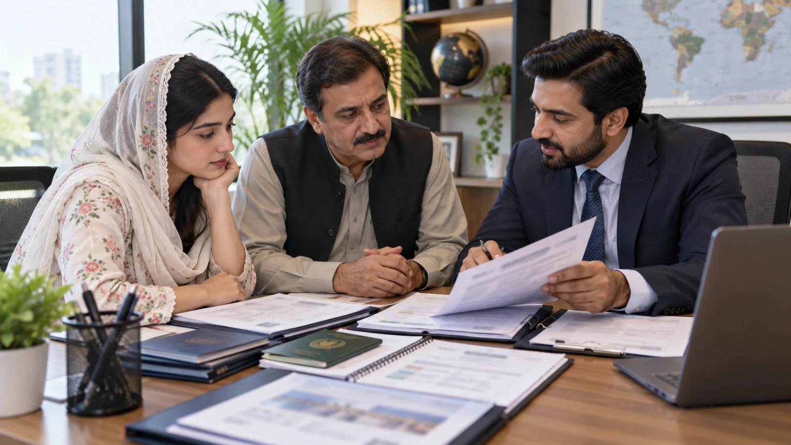 Pakistani student reviewing science marks and English readiness with an education counsellor