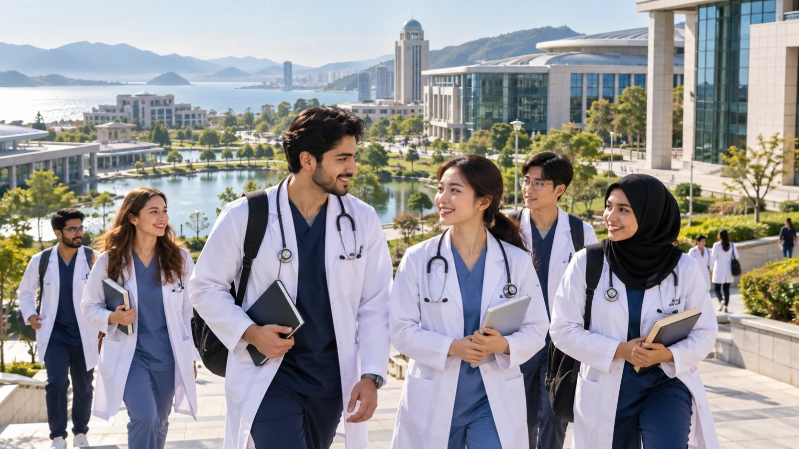 Pakistani medical applicant viewing a modern Wenzhou medical university campus