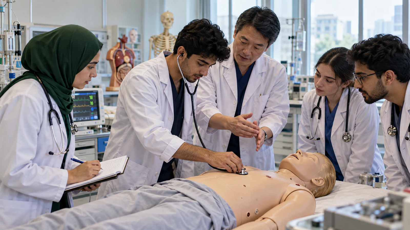 International medical students practising patient examination with a clinical instructor