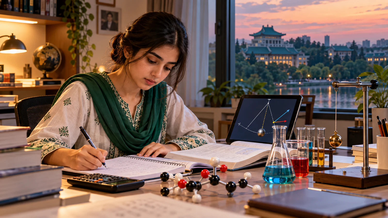 Pakistani pre-medical student preparing CSCA Mathematics, Chemistry and Physics at a study desk