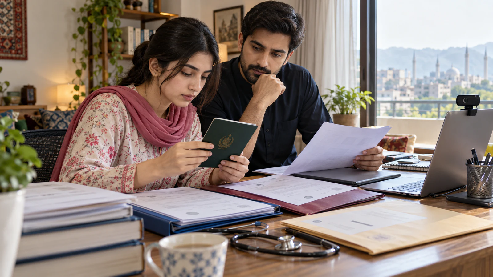 Pakistani applicant and family member reviewing passport and university admission documents