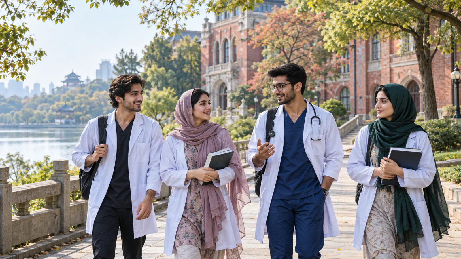 Pakistani medical students walking through a tree-lined university campus in Wuhan