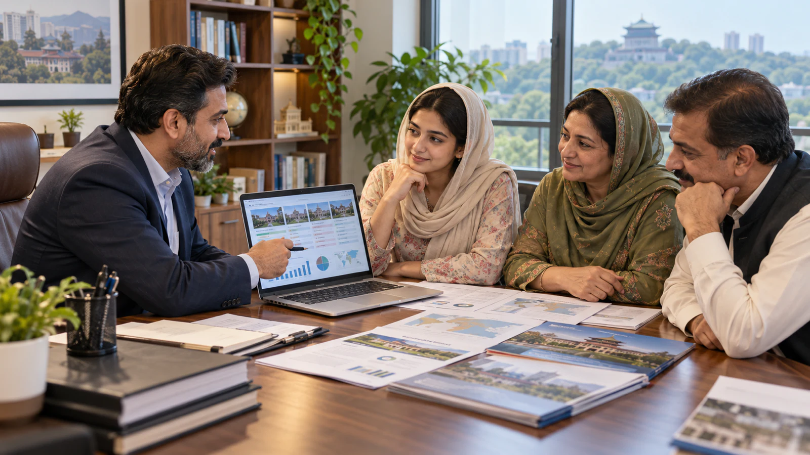 Pakistani student and parents comparing Chinese medical study options with a professional adviser