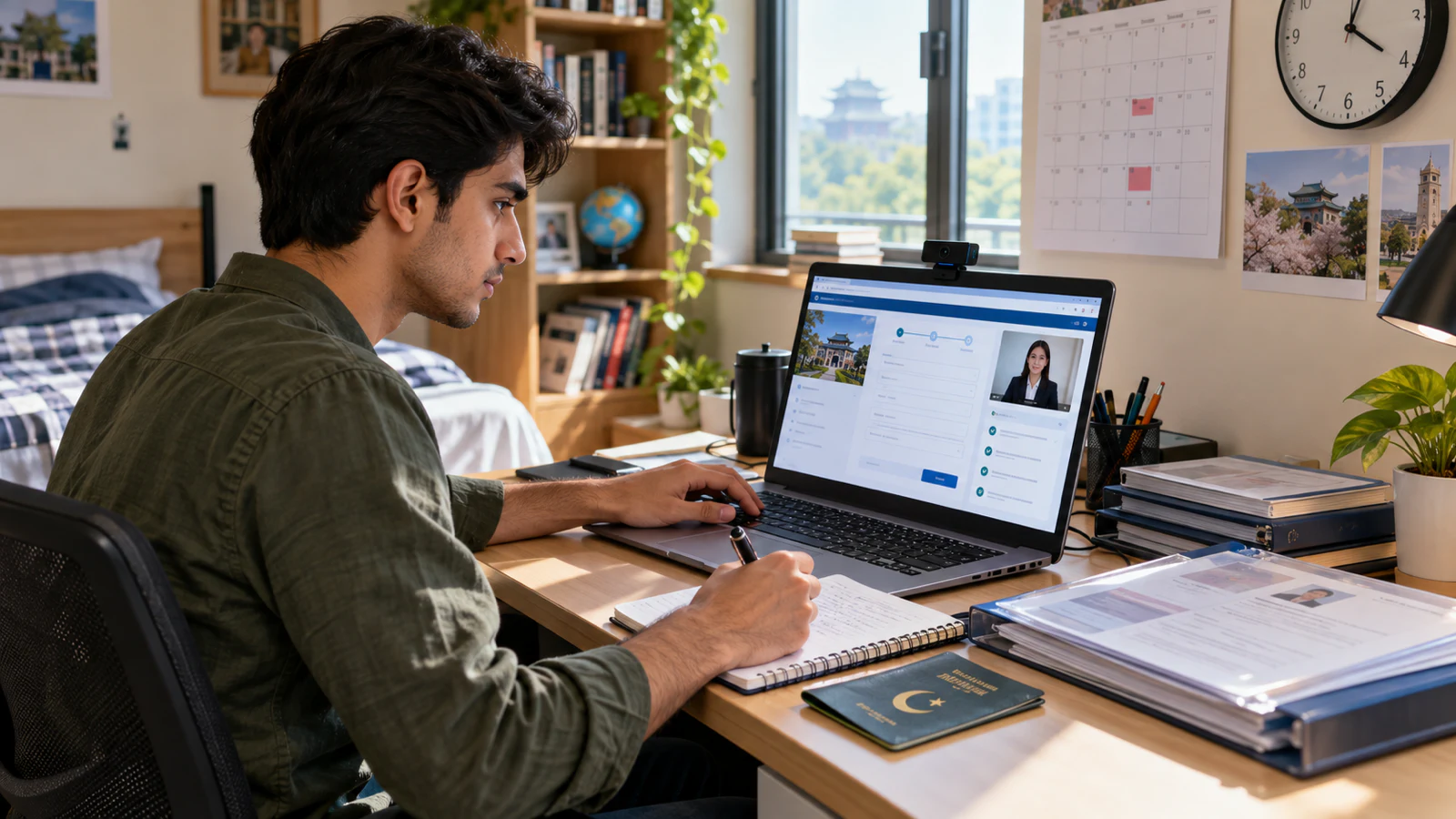 Pakistani applicant reviewing an online university application and possible admission call