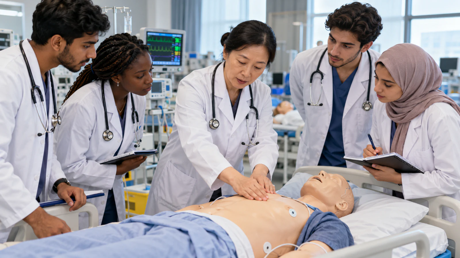 International medical students practising patient examination with a clinical instructor