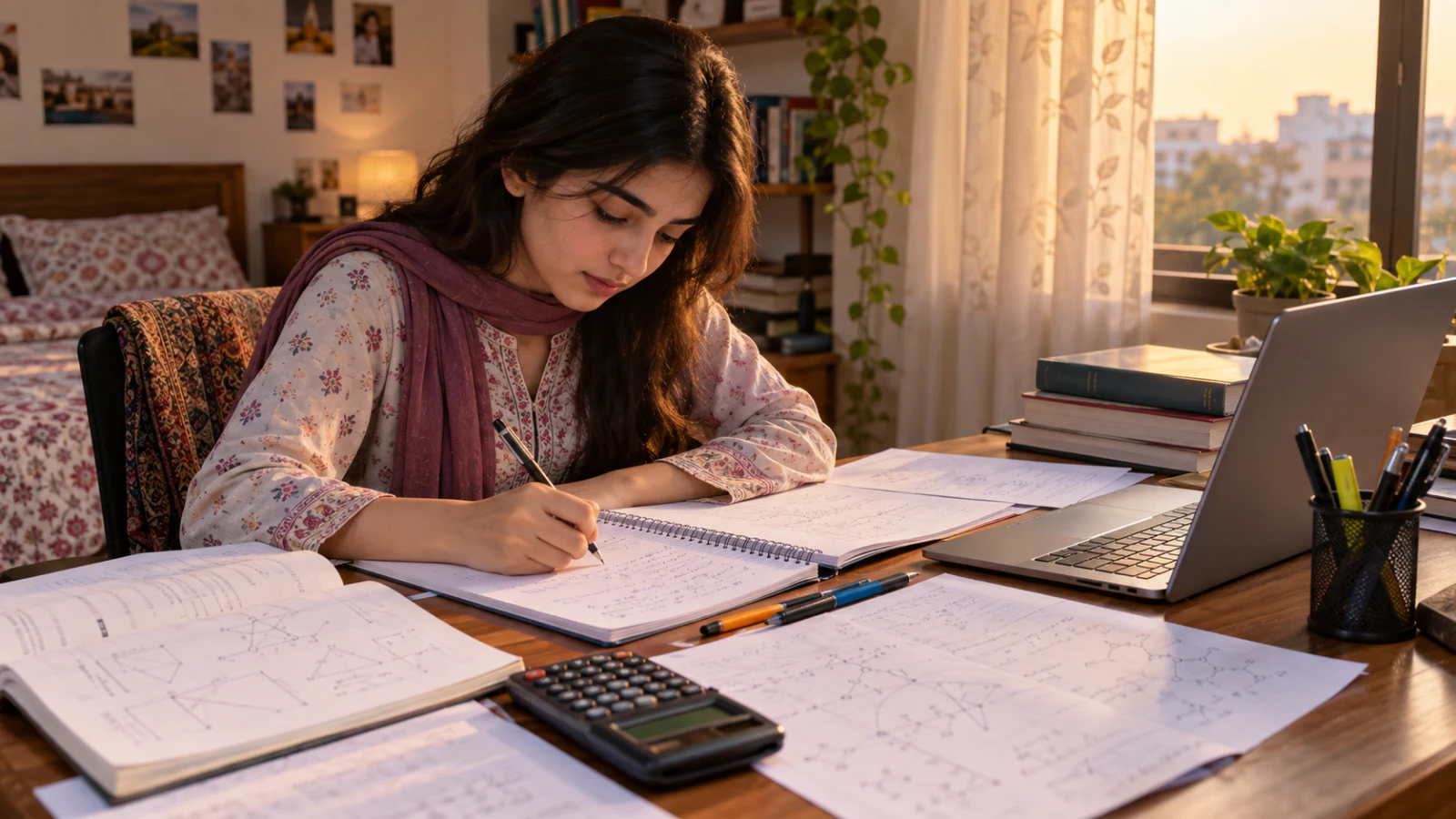 Pakistani pre-medical student preparing CSCA Mathematics and science subjects at a study desk
