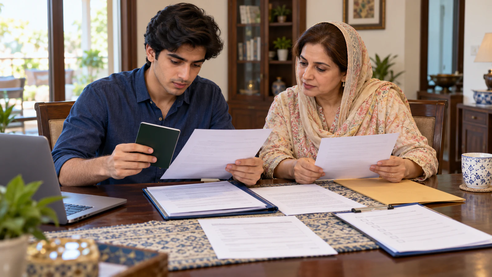 Pakistani applicant and family member reviewing passport and university admission documents