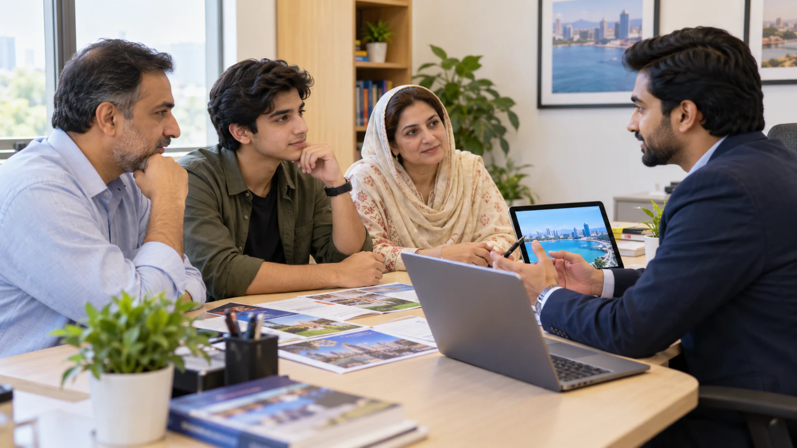 Pakistani student and parents comparing Chinese medical study options with a professional adviser