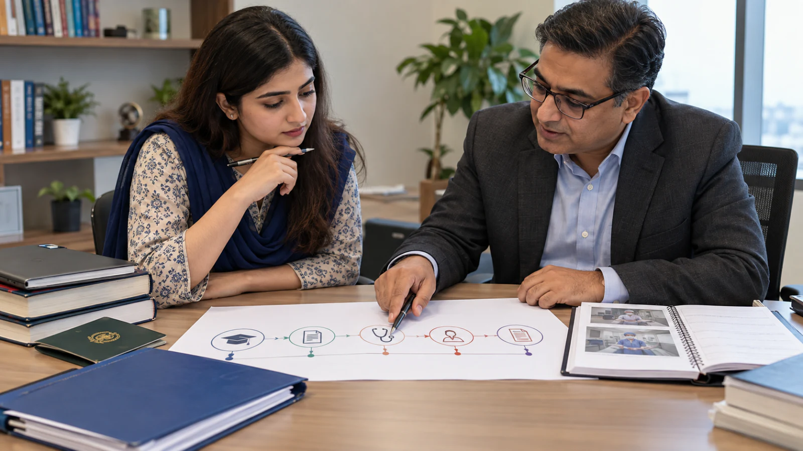 Pakistani medical applicant and adviser mapping admission study records clinical training and licensing steps