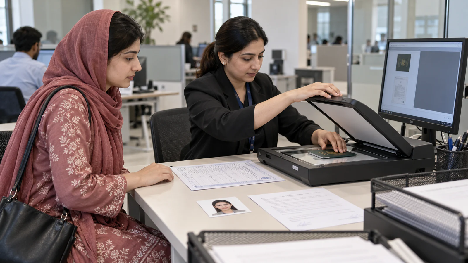 Pakistani applicant scanning passport transcript health and financial documents for an online application