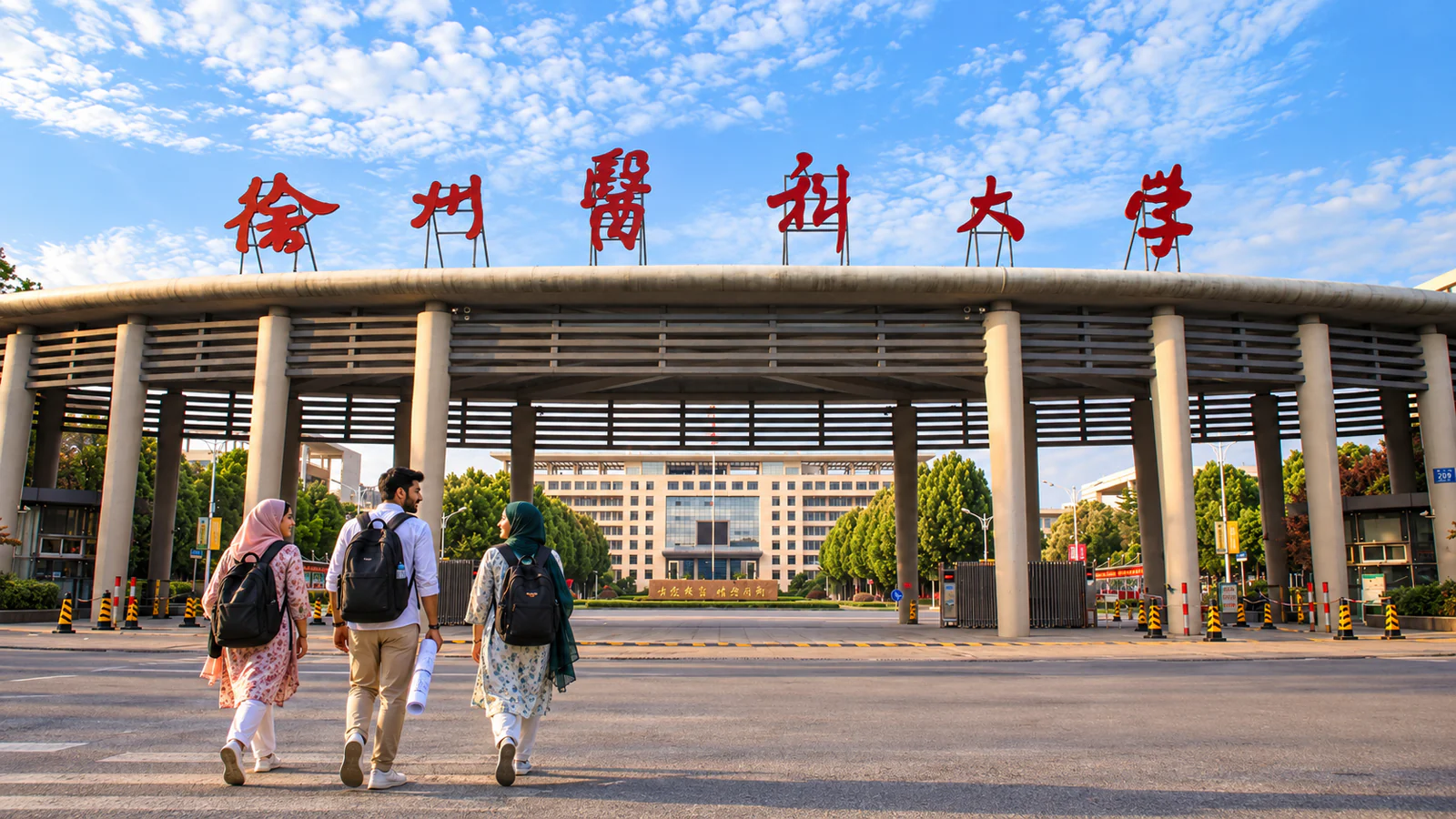 Pakistani medical students entering the real Xuzhou Medical University campus gate in Xuzhou
