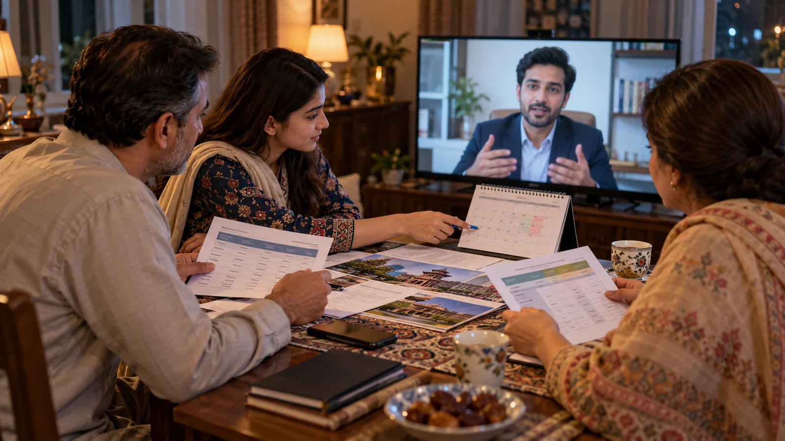 Pakistani student and parents comparing Chinese medical study options with a professional adviser