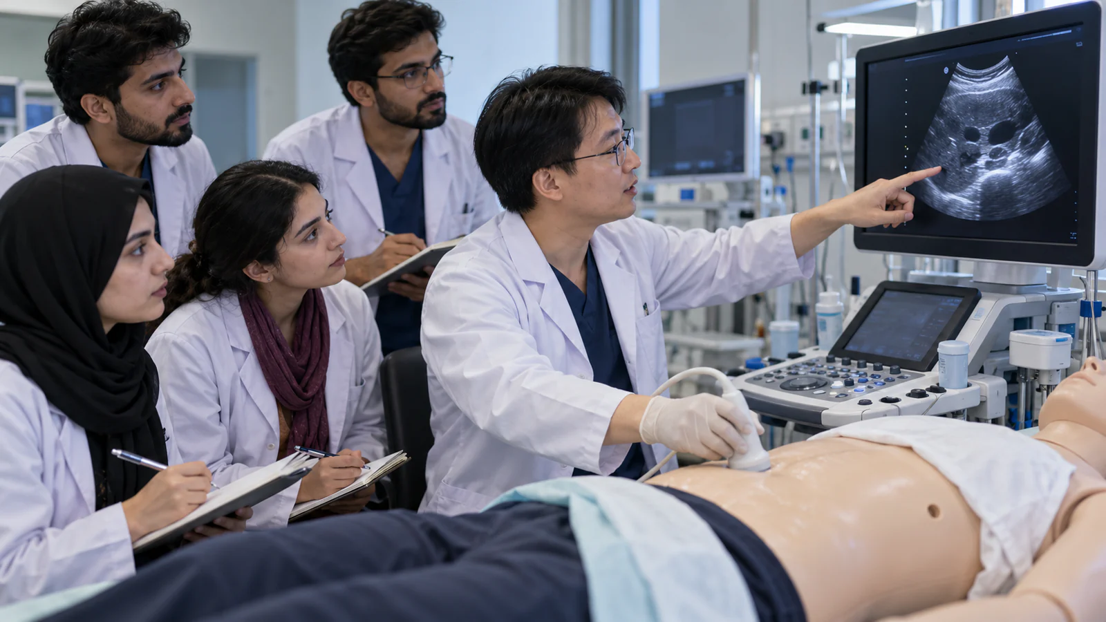 International medical students practising ultrasound examination in a clinical simulation lab