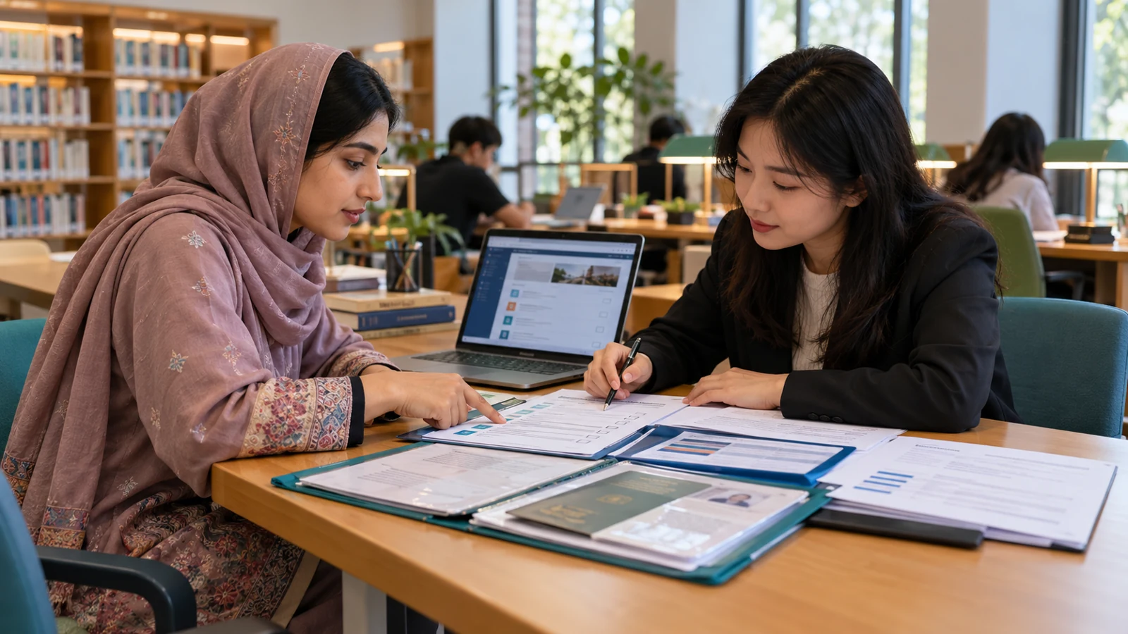 Pakistani applicant and Chinese adviser reviewing Yangzhou University admission evidence