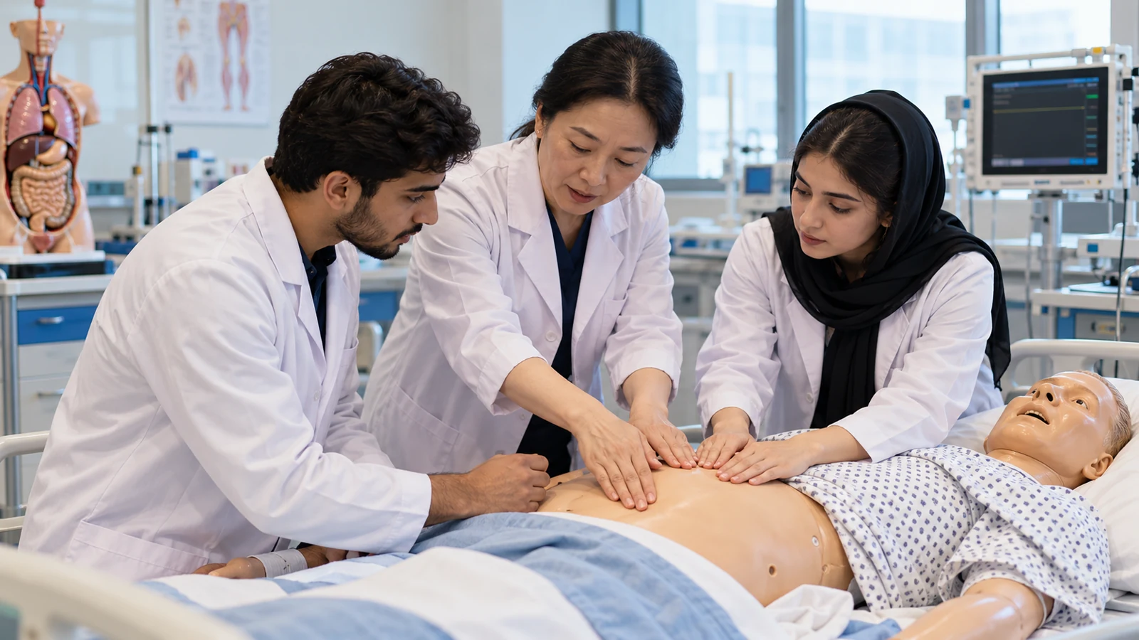Pakistani medical students practising physical examination in a clinical skills simulation centre