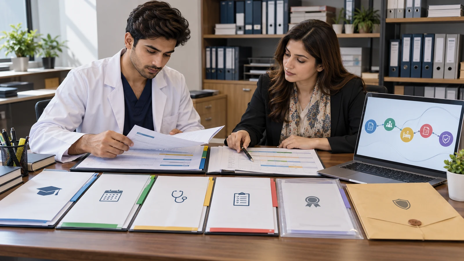 Pakistani medical graduate and adviser organising clinical and PM&DC pathway records