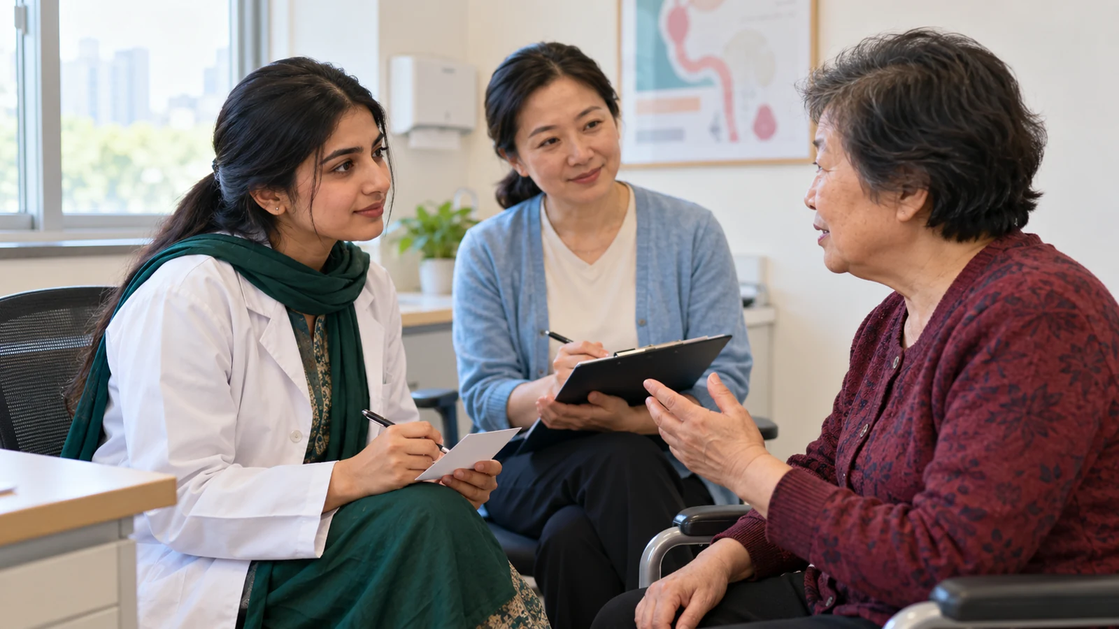 Pakistani medical student taking a patient history from a Chinese standardised patient